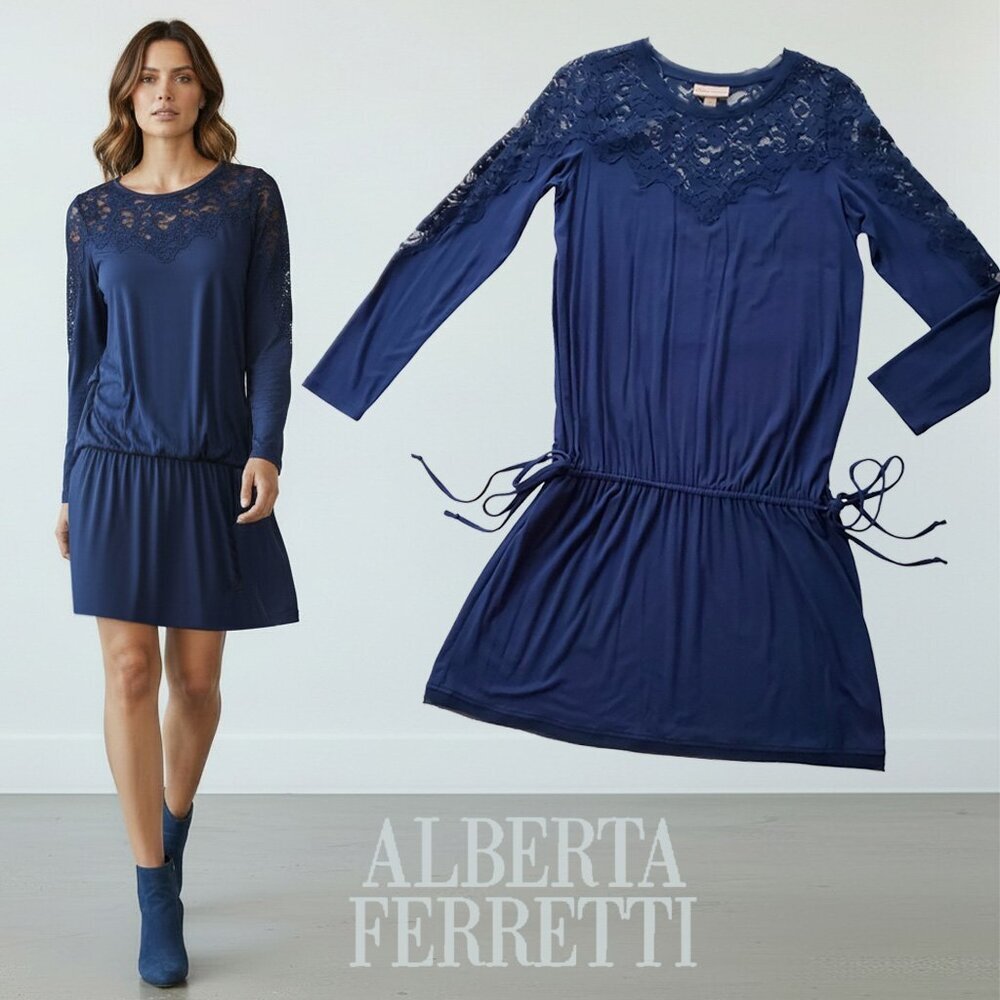 Alberta Ferretti for Macy’s Dark Blue Impulse Lace Long Sleeve Tunic Dress M